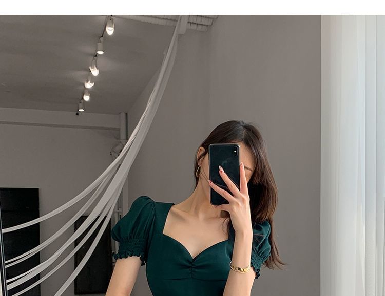 Dress A-Line Sleeve Plain Neck Slit Midi Puff Sweetheart