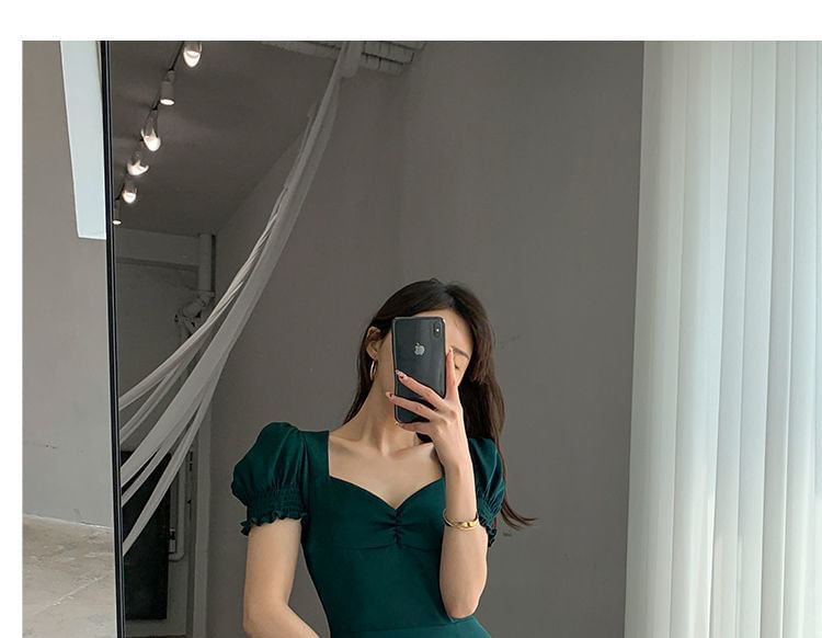 Dress A-Line Sleeve Plain Neck Slit Midi Puff Sweetheart