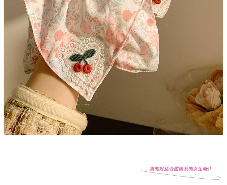 Square Floral Scrunchie Print Applique Cherry