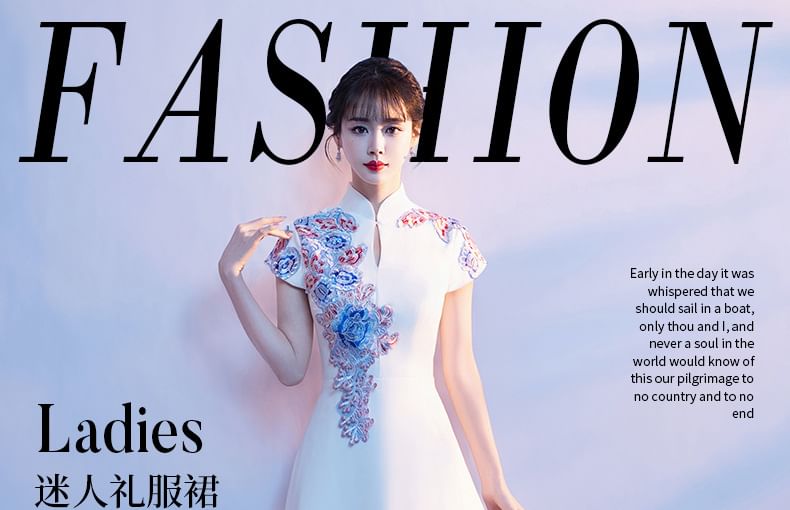 A-Line Evening Collar Embroidered Stand Gown Floral Short-Sleeve