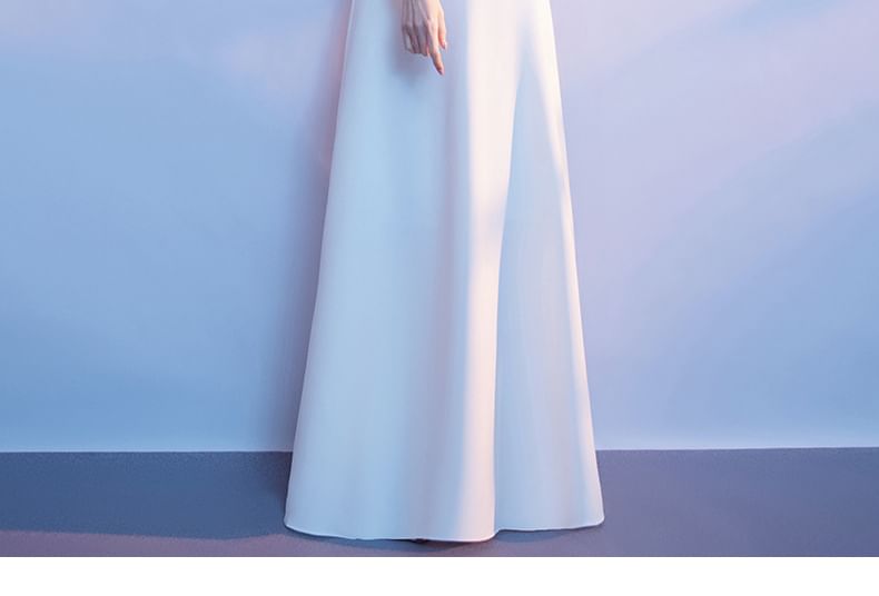 A-Line Evening Collar Embroidered Stand Gown Floral Short-Sleeve