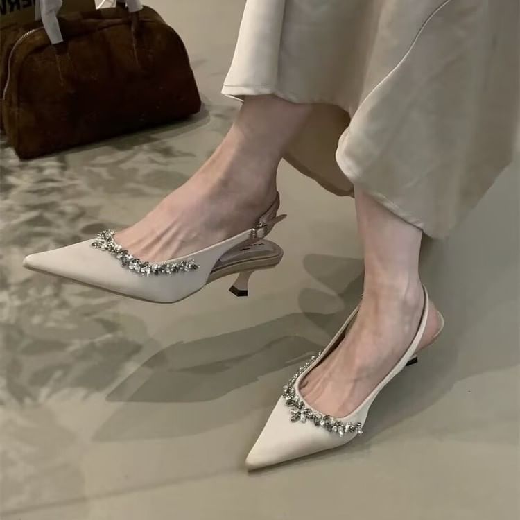 Heel Slingback Toe Stiletto Pointed Pumps Rhinestone