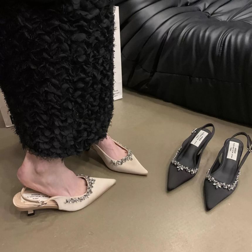 Heel Slingback Toe Stiletto Pointed Pumps Rhinestone