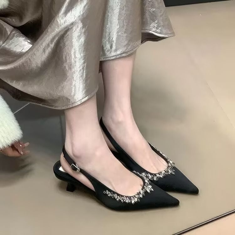 Heel Slingback Toe Stiletto Pointed Pumps Rhinestone