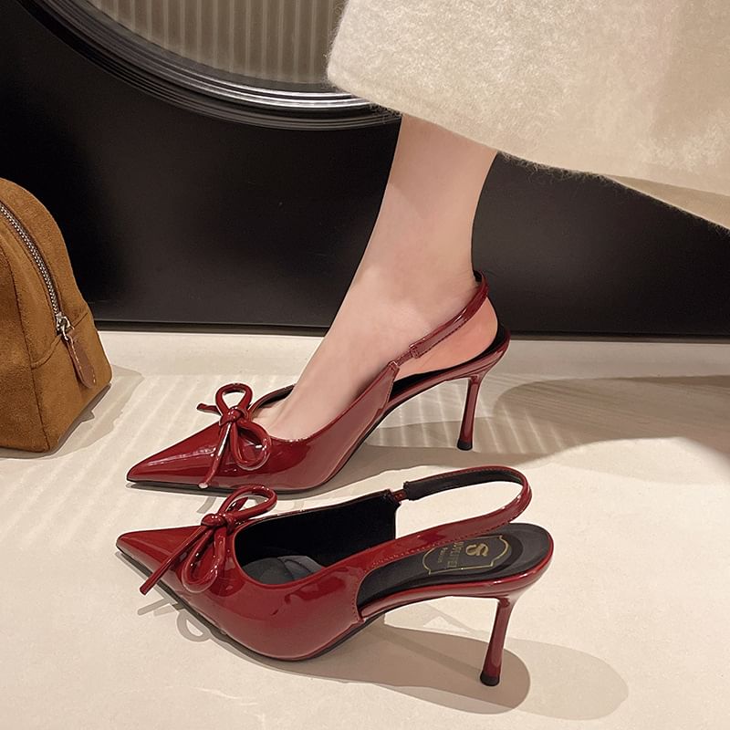 Toe Slingback Sandals Heel Pointed Bow Stiletto