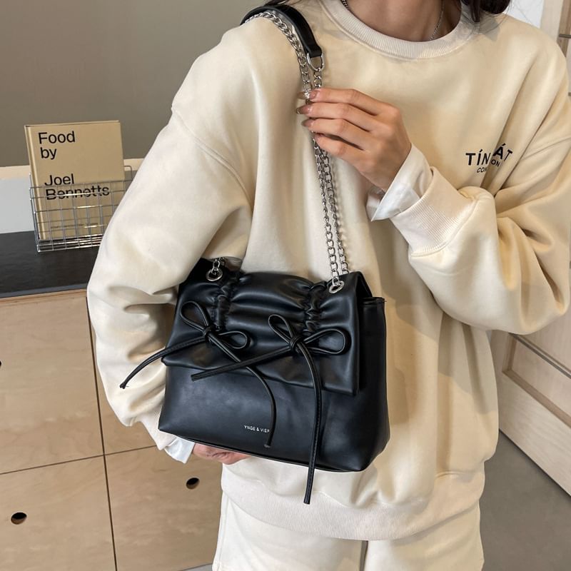 Chain Leather Bow Shoulder Strap Faux Bag
