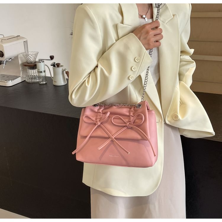 Chain Leather Bow Shoulder Strap Faux Bag
