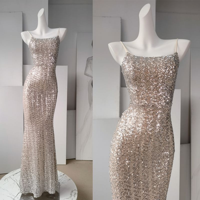 Sheath Strap Gown Evening Spaghetti Sequin
