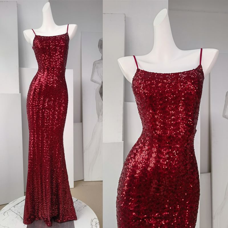 Sheath Strap Gown Evening Spaghetti Sequin