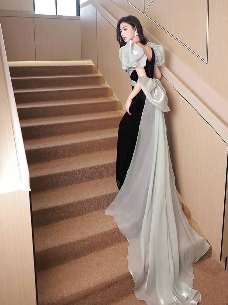 Puff-Sleeve Tone Bow Two Back Neck Sheath Square Gown Evening