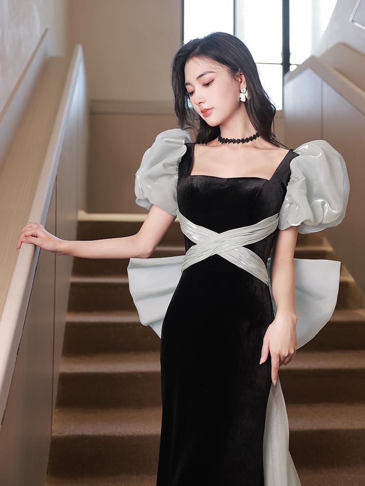 Puff-Sleeve Tone Bow Two Back Neck Sheath Square Gown Evening