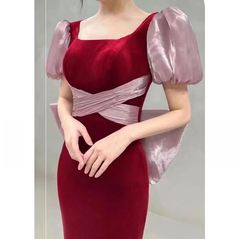 Puff-Sleeve Tone Bow Two Back Neck Sheath Square Gown Evening