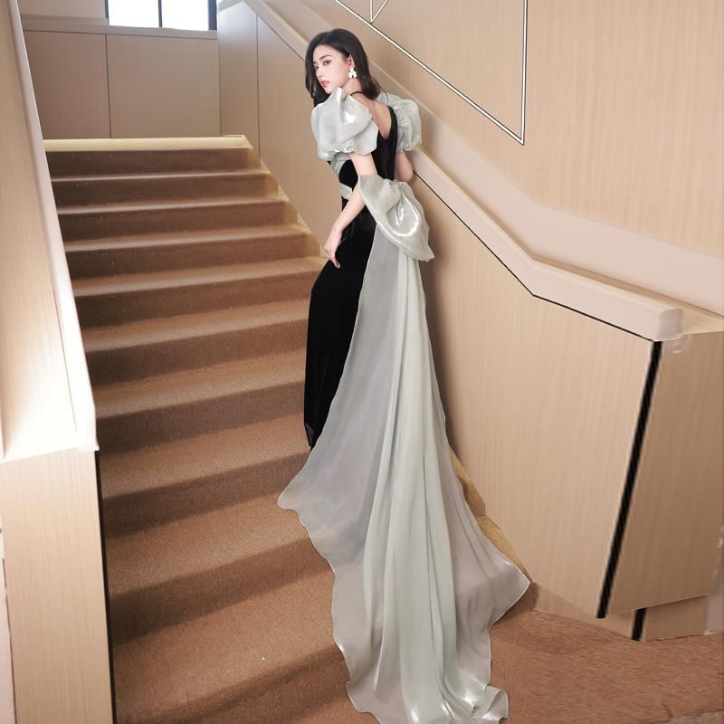 Puff-Sleeve Tone Bow Two Back Neck Sheath Square Gown Evening