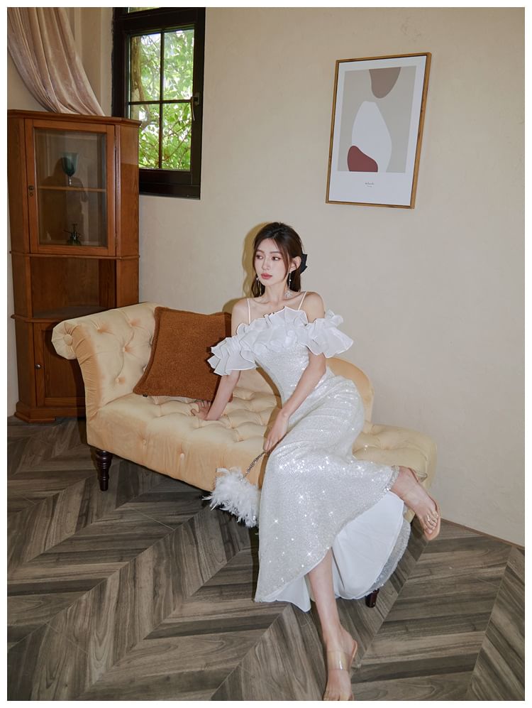 Sheath Trim Strap Sequin Spaghetti Evening Gown Ruffle