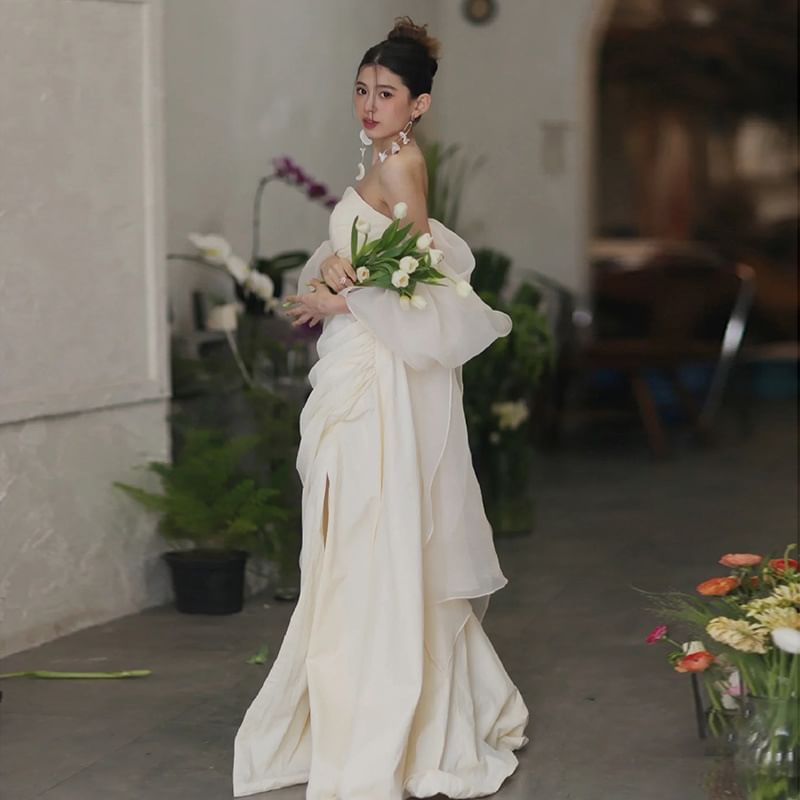 A-Line Slit Evening Off-Shoulder Gown Plain