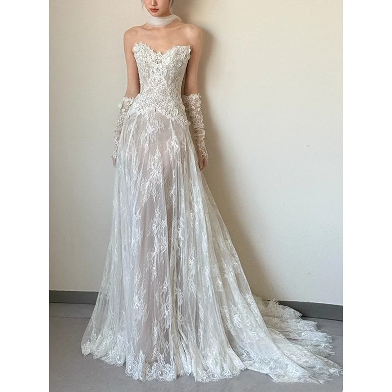 A-Line Lace Tube Gown Wedding Plain