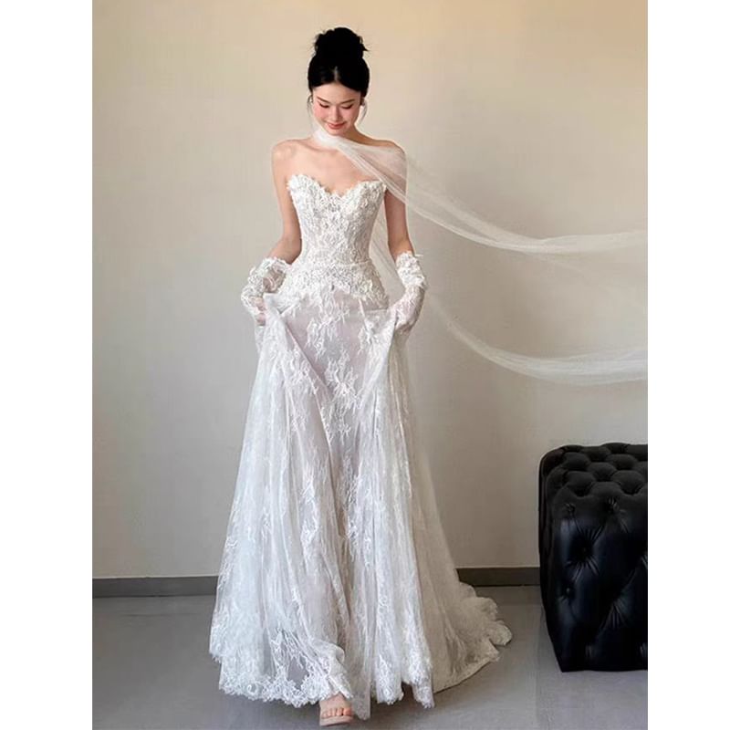 A-Line Lace Tube Gown Wedding Plain