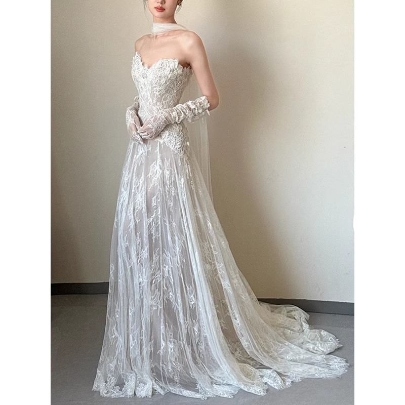 A-Line Lace Tube Gown Wedding Plain