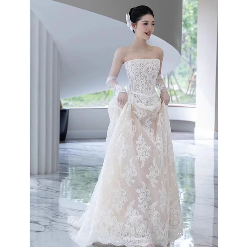 Tube Plain Lace Wedding Gown A-Line
