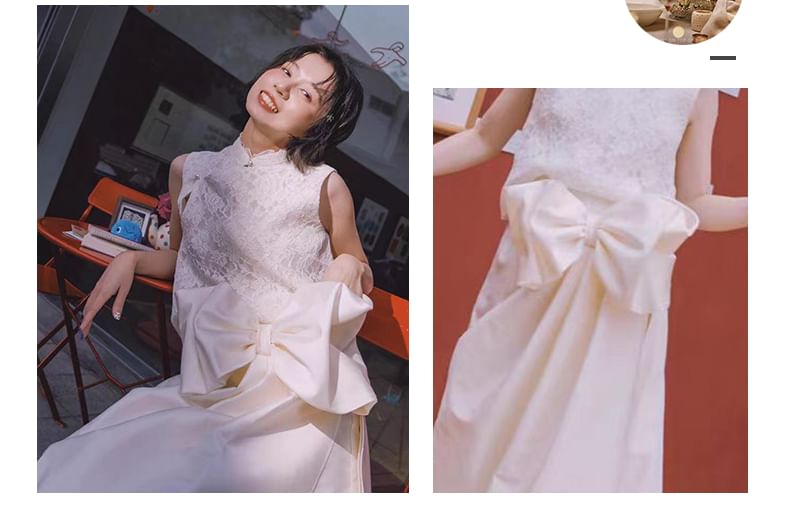 Stand Sleeveless Plain Gown Bow Lace Collar A-Line Panel Evening