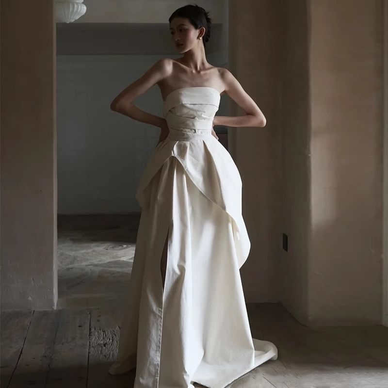 Plain Wedding Ruched Gown A-Line Tube Slit Panel