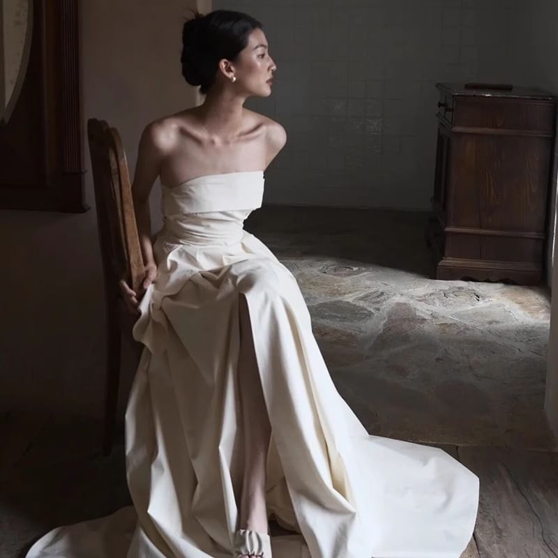 Plain Wedding Ruched Gown A-Line Tube Slit Panel