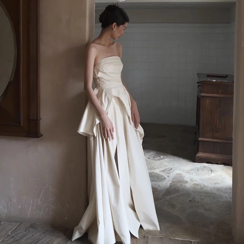 Plain Wedding Ruched Gown A-Line Tube Slit Panel