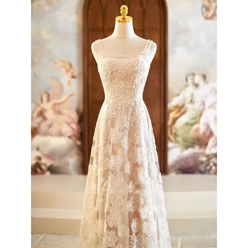 Sleeveless Neck Gown Plain Wedding A-Line Jacquard Square