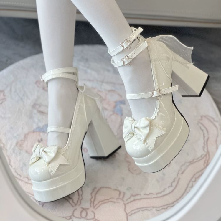 Chunky Shoes Platform Bow Heel Mary Jane