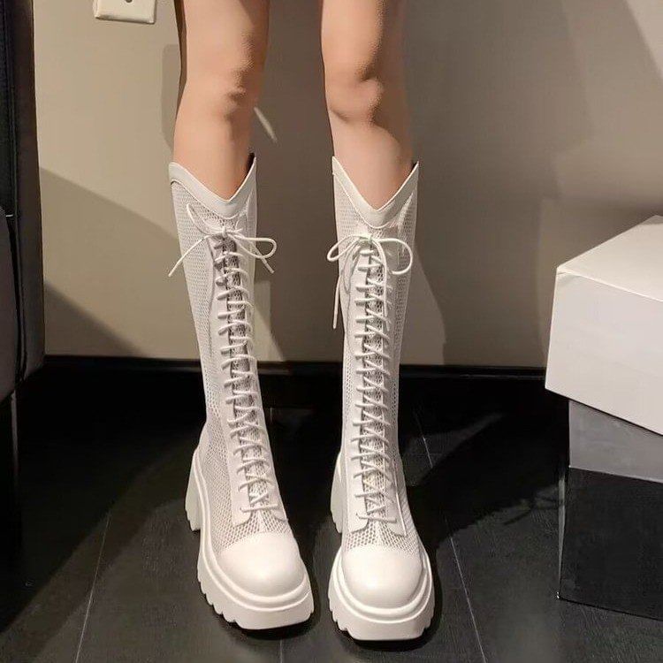 Heel Lace-Up Chunky Tall Mesh Platform Boots Panel