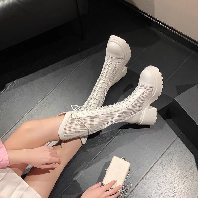Heel Lace-Up Chunky Tall Mesh Platform Boots Panel