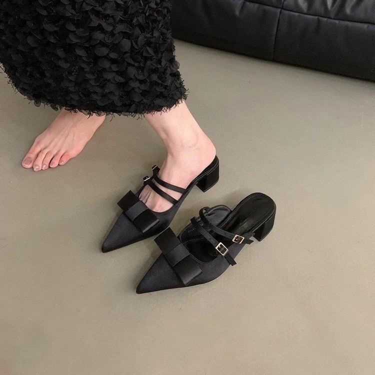 Mules Mary Jane Pointed Heel Toe Chunky Bow