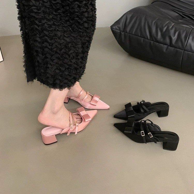 Mules Mary Jane Pointed Heel Toe Chunky Bow