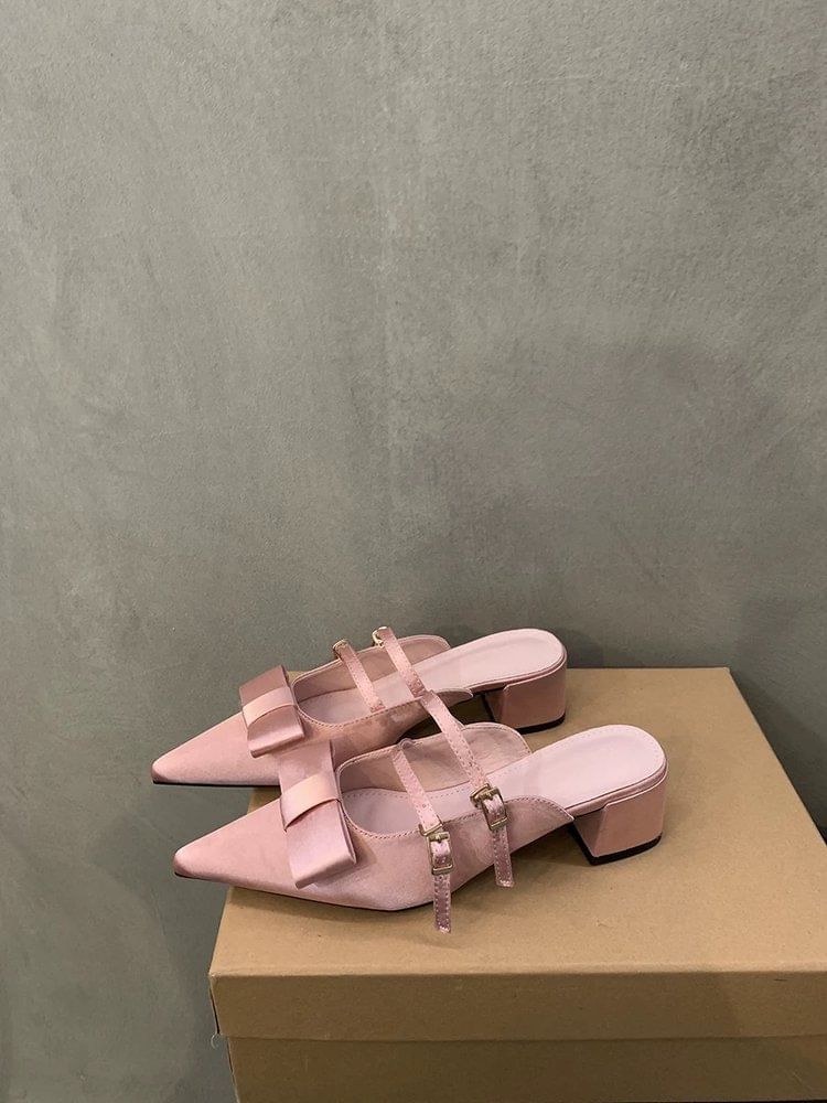 Mules Mary Jane Pointed Heel Toe Chunky Bow