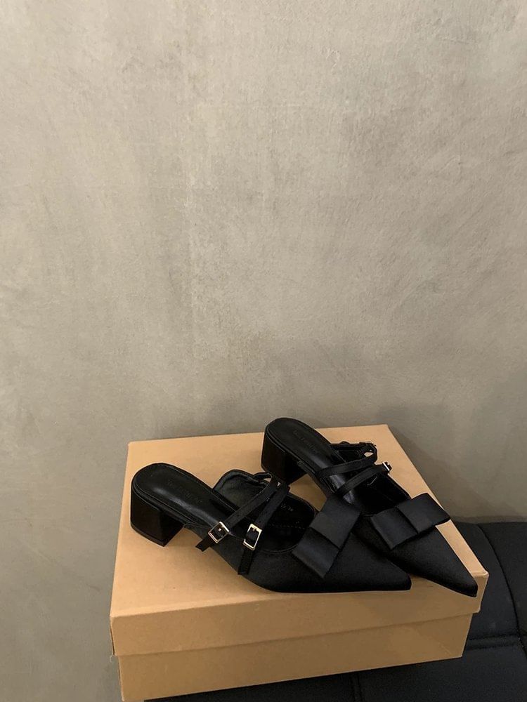 Mules Mary Jane Pointed Heel Toe Chunky Bow