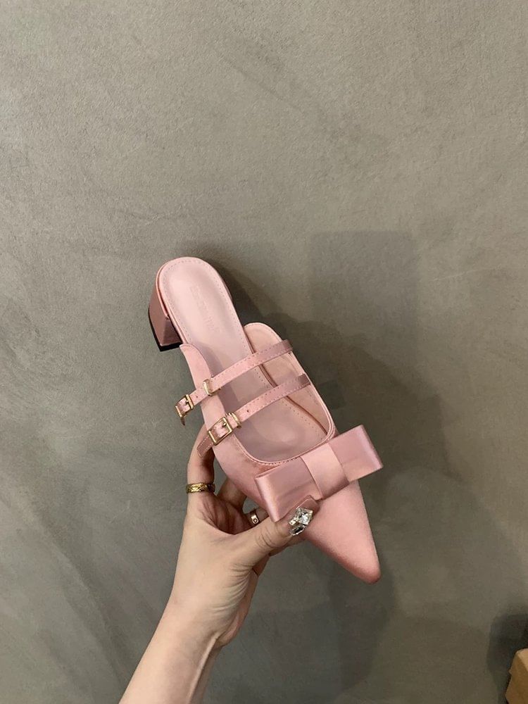 Mules Mary Jane Pointed Heel Toe Chunky Bow