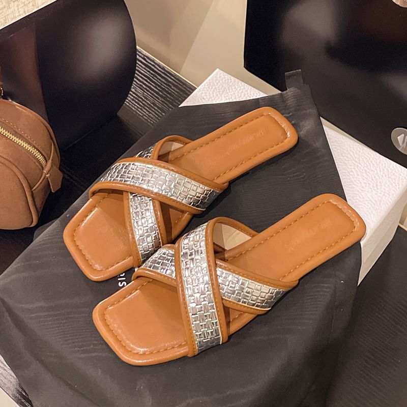 Cross Sandals Slide Square-Toe Strap