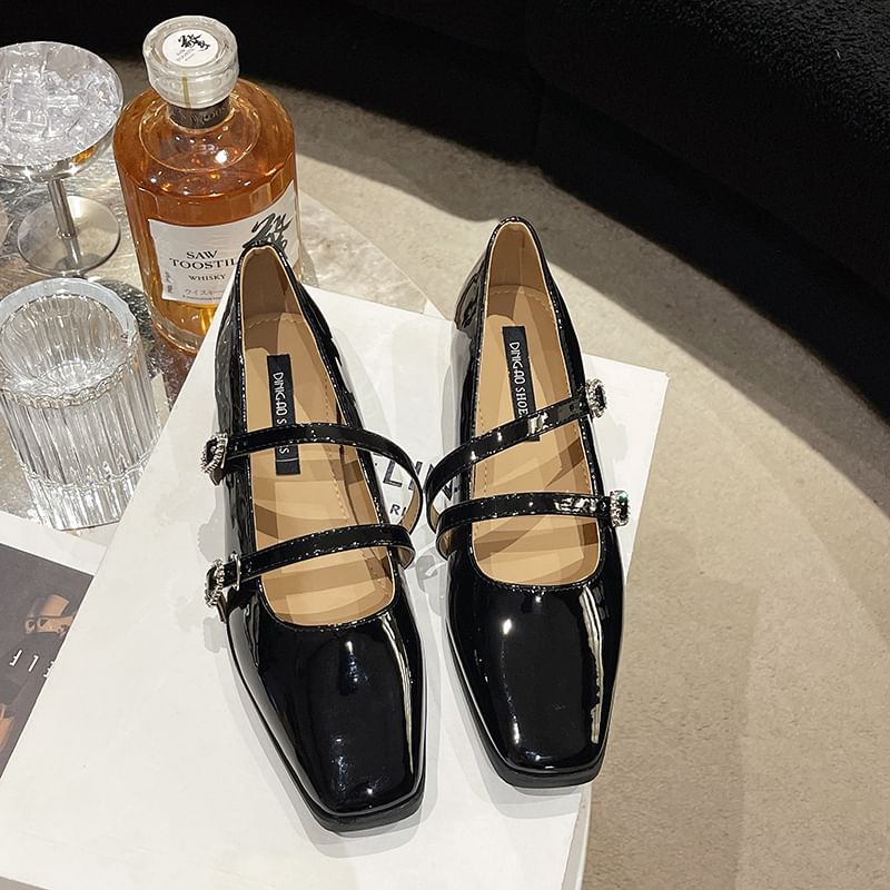 Strap Heel Sandals Low Double Square-Toe