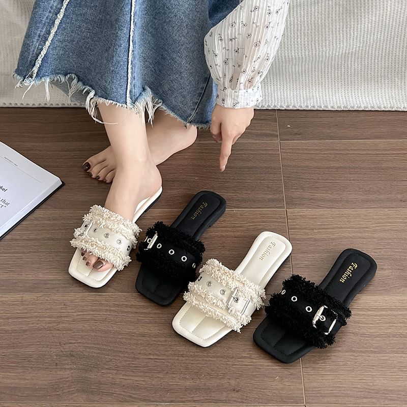 Square-Toe Slide Tasseled Sandals Buckled