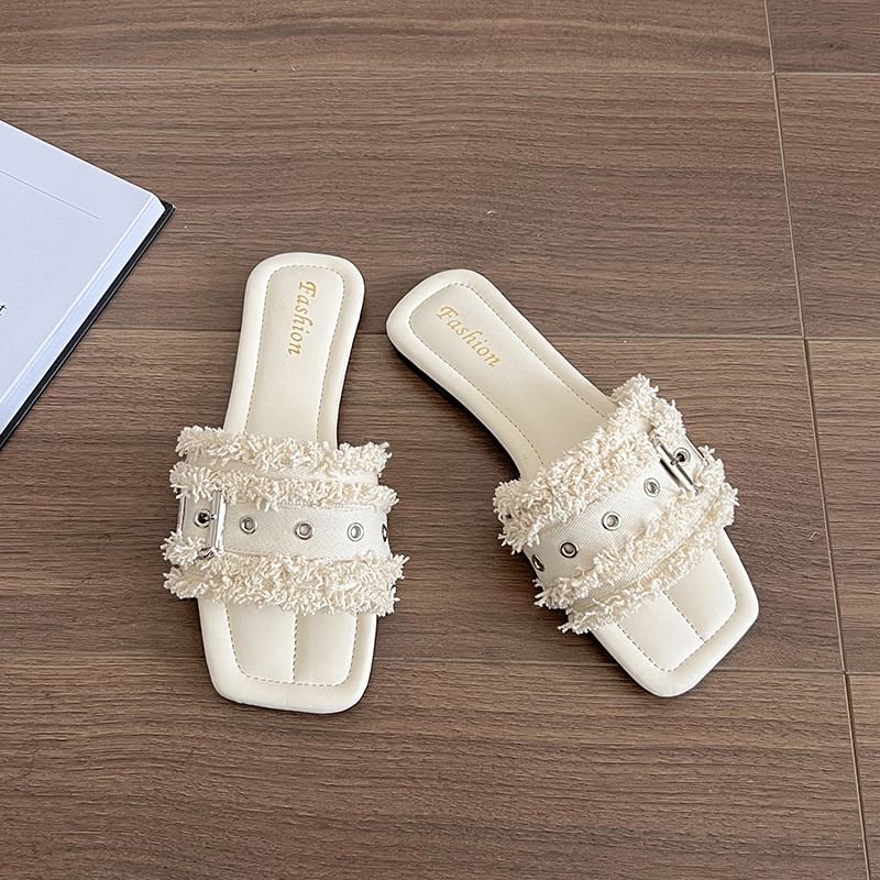 Square-Toe Slide Tasseled Sandals Buckled