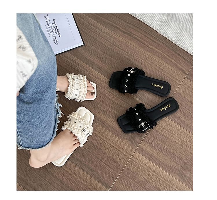 Square-Toe Slide Tasseled Sandals Buckled