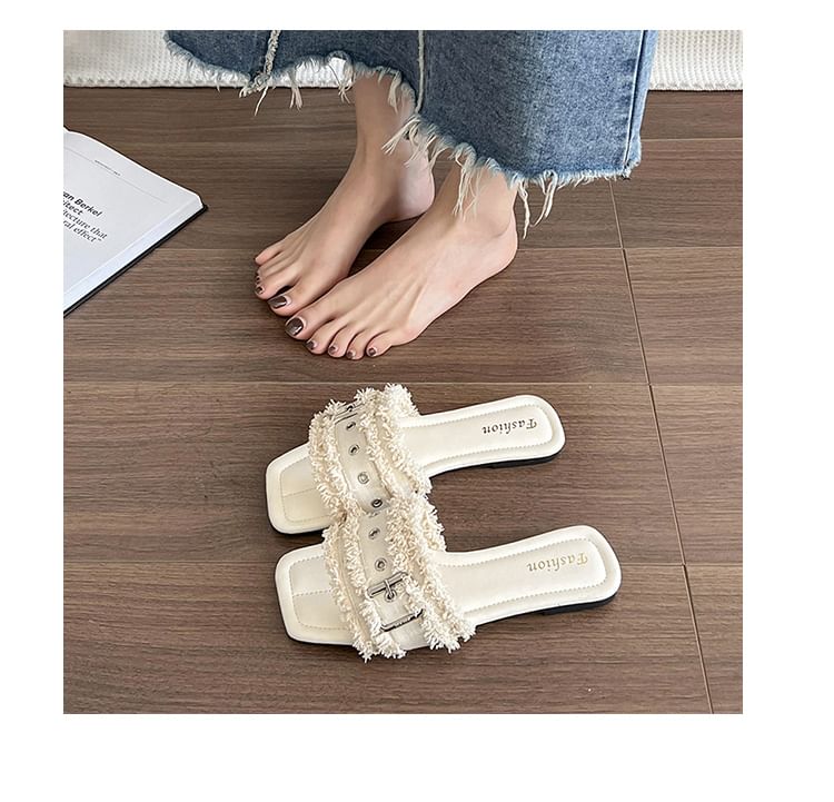 Square-Toe Slide Tasseled Sandals Buckled