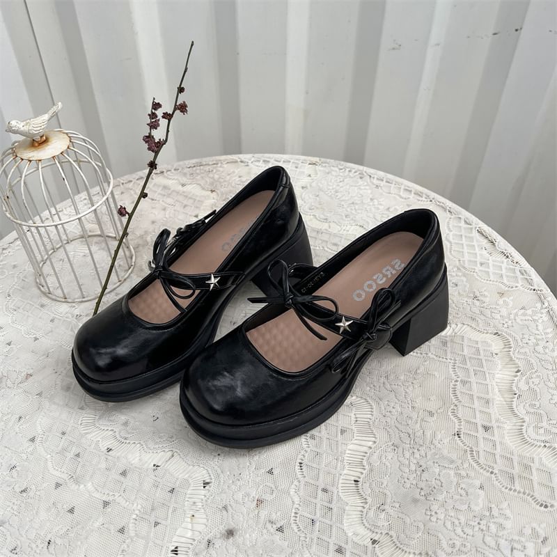 Mary Heel Shoes Chunky Jane Bow