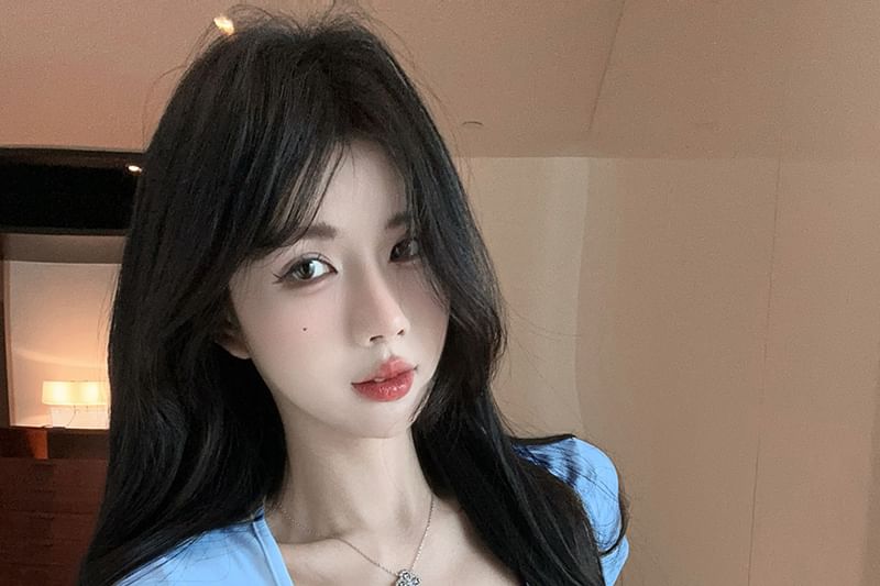 Bow Lace Fit Square Trim Neck Crop Slim T-Shirt Short-Sleeve