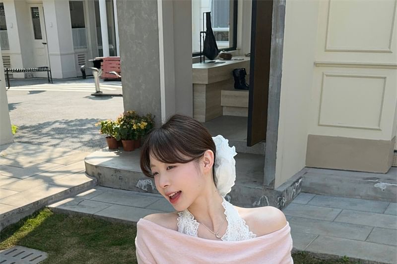 Panel Slim Two-Piece Halter Fit Mock Tee Long-Sleeve Lace