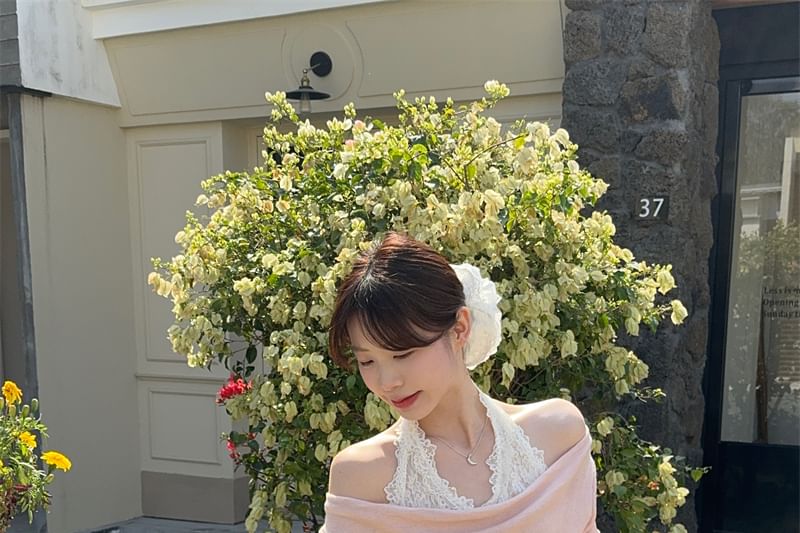 Panel Slim Two-Piece Halter Fit Mock Tee Long-Sleeve Lace