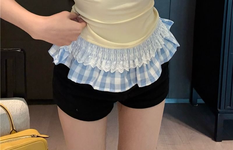 Two-Piece Ruffle Scoop Neck Mock Trim T-Shirt Fit Short-Sleeve Slim Plaid Panel