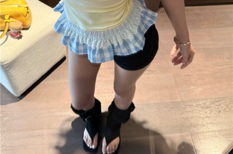 Two-Piece Ruffle Scoop Neck Mock Trim T-Shirt Fit Short-Sleeve Slim Plaid Panel