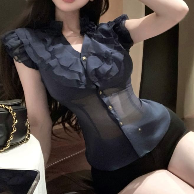 Blouse Trim Ruffle Fit Cap-Sleeve Plain Slim