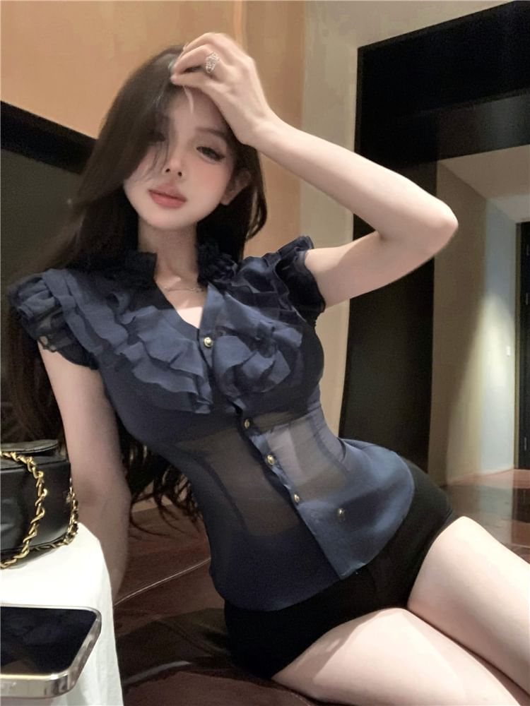 Blouse Trim Ruffle Fit Cap-Sleeve Plain Slim